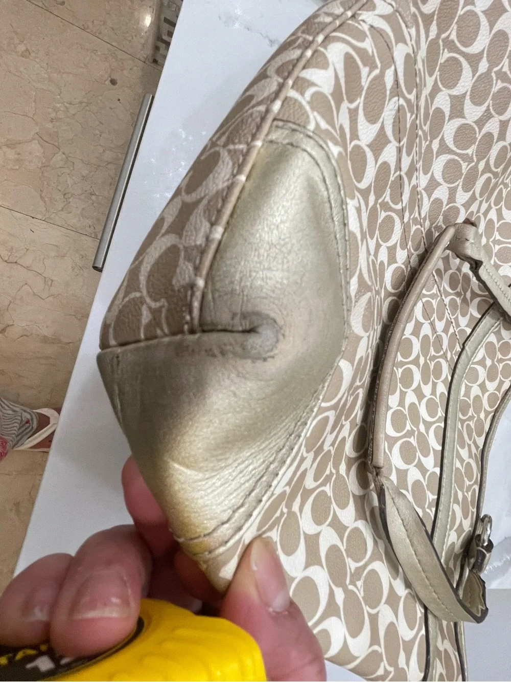 Coach Beige Signature Stripe Tote with Gold Trim
